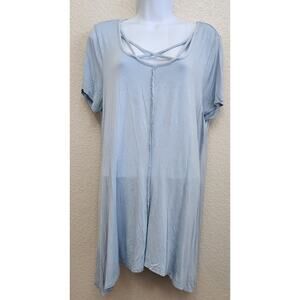 Terre Bleue Light Blue Shark Bite Hem Short Sleeves Top Large Lightweight Flowy